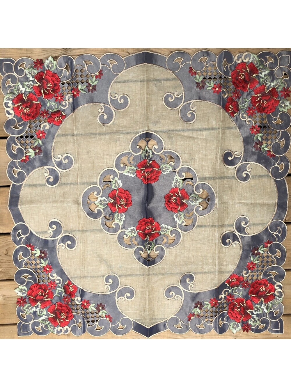 Embroidered Bright Red Gold Christmas Floral Cutwork Fabric Table Topper 33 x 33